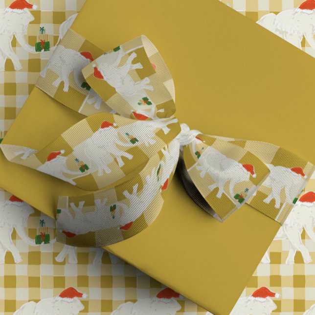Ruban Gros-grain Yellow Checkered White Elephant Christmas Party (White Elephant in a Santa hat against a golden yellow gingham pattern holiday gifting ribbon)