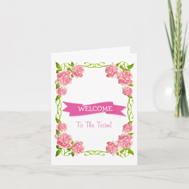 Ruban rose avec carte de bienvenue à bordure blanc (Devant)