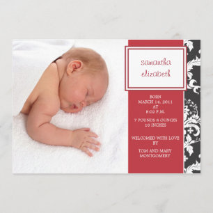 Ruban rouge et Faire-part de naissance Damas