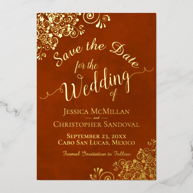 Rubans dorés sur faire-part de mariage orange roui (Recto)