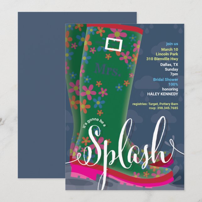 Rubber Boot Splash Bridal Shower Invitation (Front/Back)