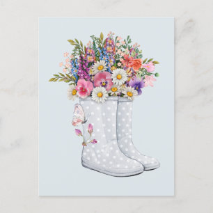 Rubber boots art with floral bouquet postcard
