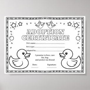 Rubber duck adopt a pet colouring certificate poster