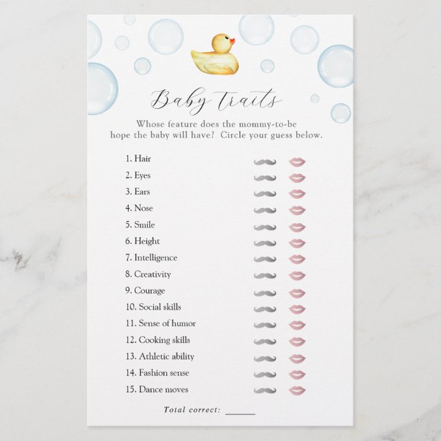 Rubber Duck Baby Traits Shower Game (Front)
