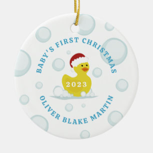 Rubber Duck Baby's First Christmas Photo Blue Ceramic Ornament