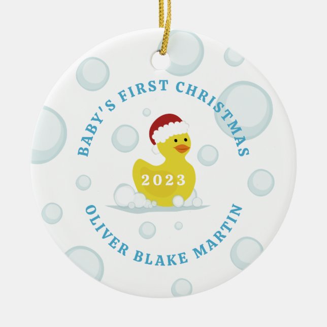 Rubber Duck Baby's First Christmas Photo Blue Ceramic Ornament (Front)
