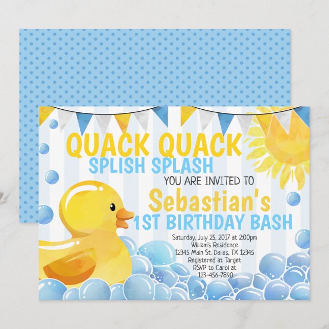 Rubber Duck Birthday Party Invitation Invite (Front/Back)