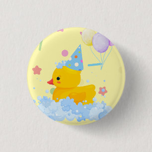 Rubber Duck Birthday with Bubbles and Confetti 1 Inch Round Button