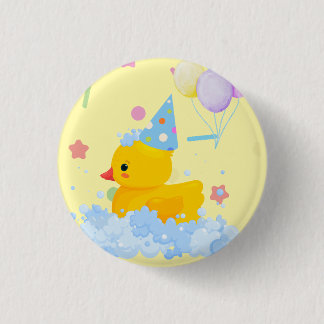 Rubber Duck Birthday with Bubbles and Confetti 1 Inch Round Button