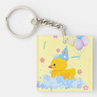 Rubber Duck Birthday with Bubbles and Confetti Keychain