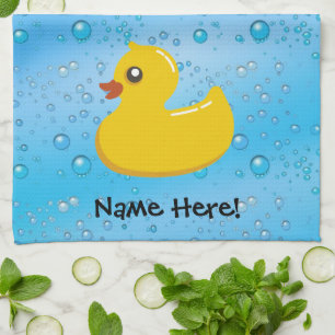 Rubber Duck Blue Bubbles Personalized Kids Kitchen Towel