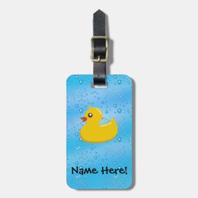 Rubber Duck Blue Bubbles Personalized Kids Luggage Tag (Front Vertical)