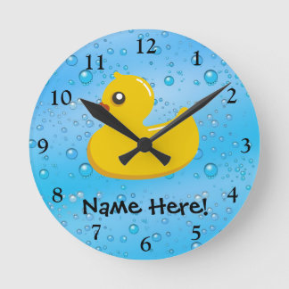 Rubber Duck Blue Bubbles Personalized Kids Round Clock