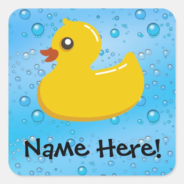 Rubber Duck Blue Bubbles Personalized Kids Square Sticker (Front)