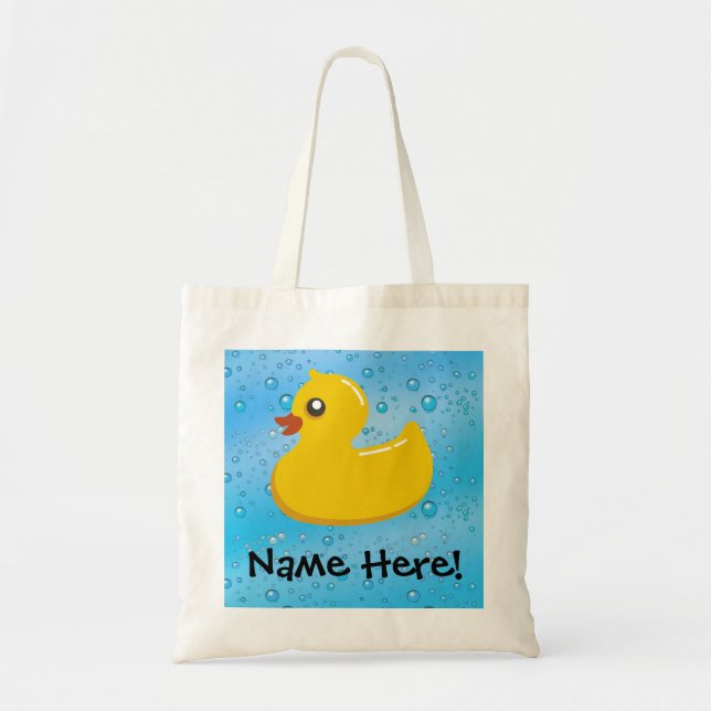 Rubber Duck Blue Bubbles Personalized Kids Tote Bag (Front)