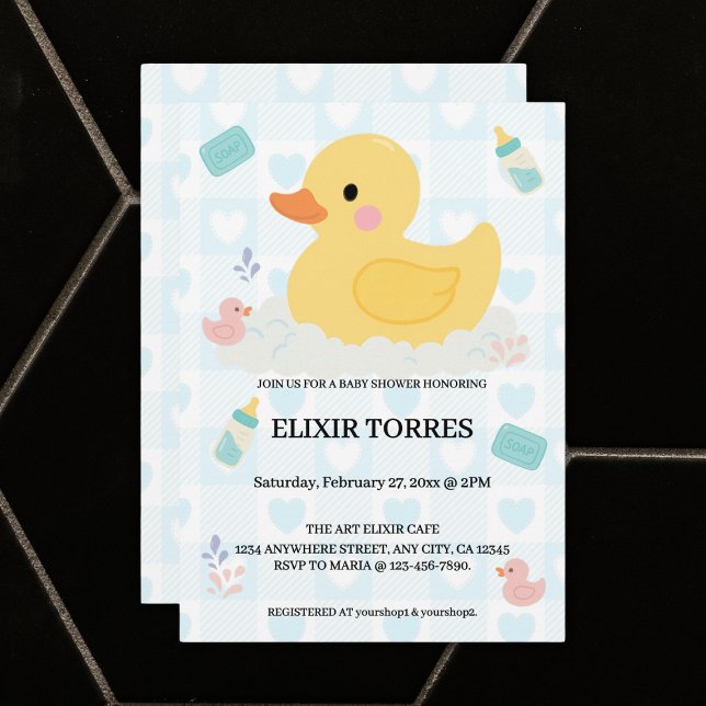 Rubber Duck Blue Hearts Baby Shower Invitation (Creator Uploaded)