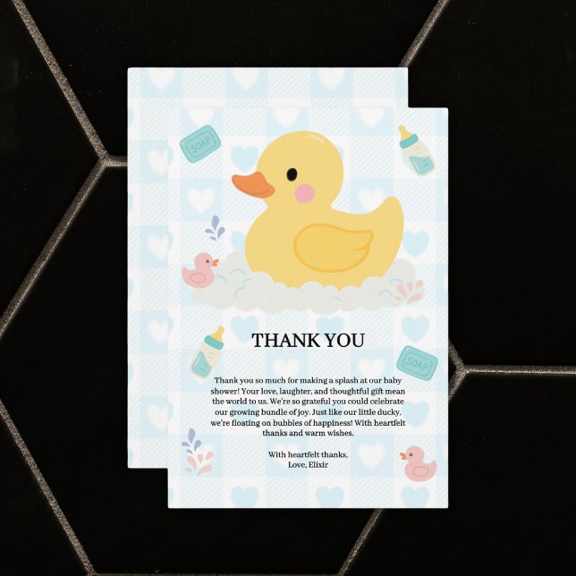 Rubber Duck Blue Hearts Baby Shower Thank You Card (Creator Uploaded)