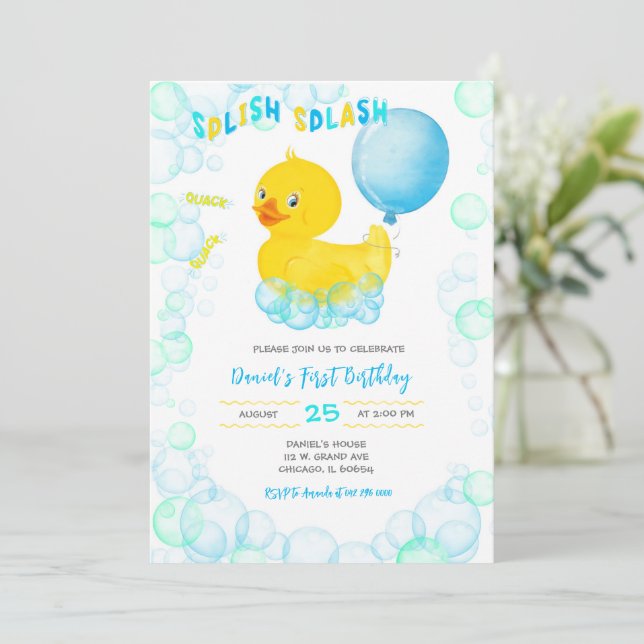 RUBBER DUCK Boy First Birthday Invitation (Standing Front)