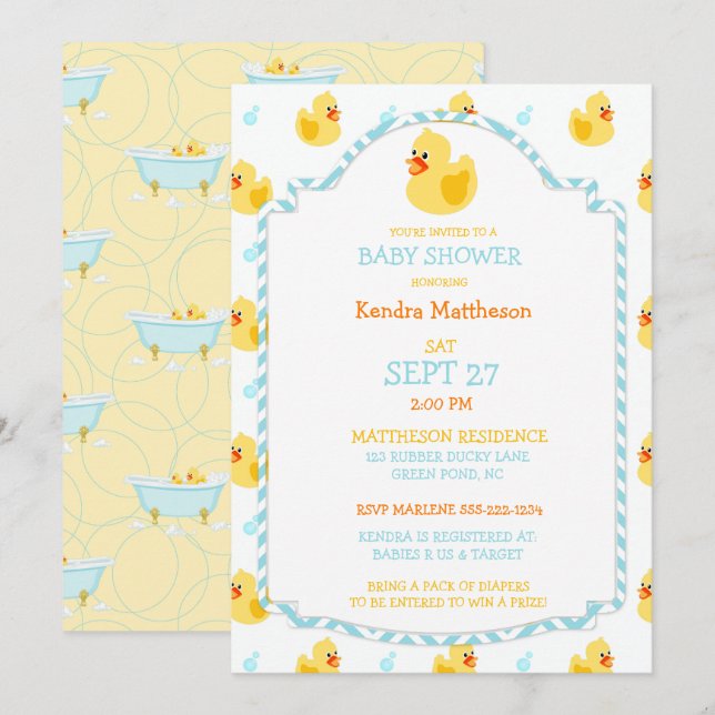Rubber Duck Ducky Gender Neutral Aqua Yellow Invitation (Front/Back)