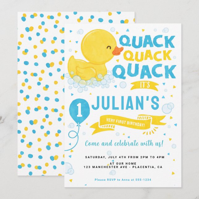 Rubber Duck First birthday Party Blue Yellow Invitation (Front/Back)