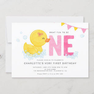 Rubber Duck Girl First birthday Party Pink Yellow Invitation