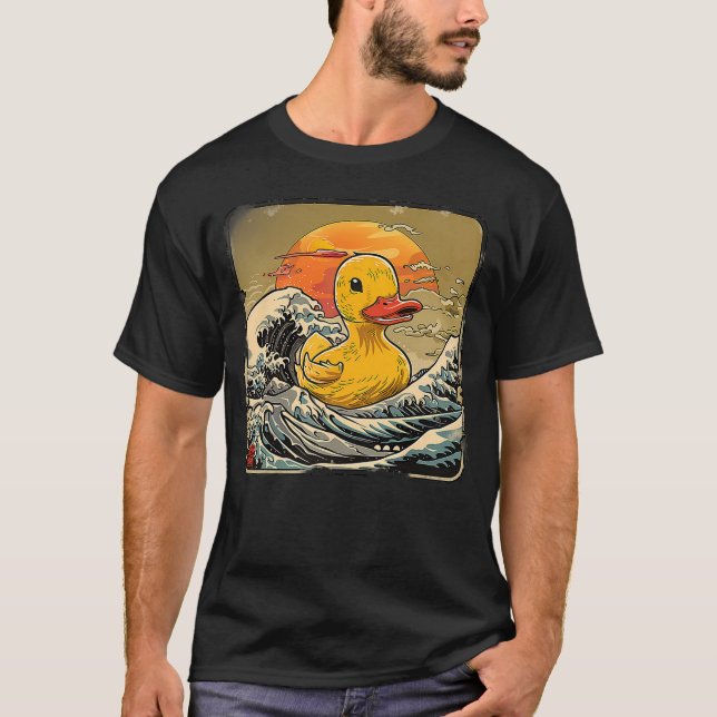 Rubber Duck Great Wave Ocean Sunset Drawing Rubber T-Shirt (Front)