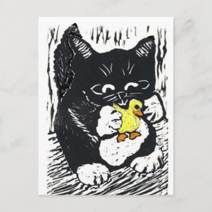 Rubber Duck & Kitten, Block Print Postcard