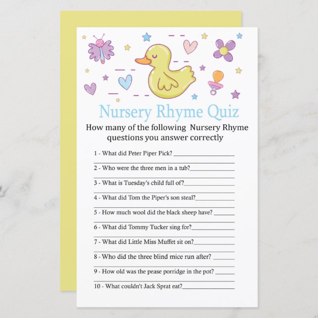 Rubber duck Nursery Rhyme Quiz baby shower game (Front/Back)