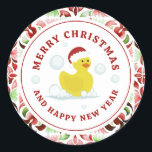 Rubber Duck Santa Christmas Photo Watercolor Classic Round Sticker<br><div class="desc">Illustration of a rubber duck wearing a santa hat. Border and reverse side are red and green watercolor floral tile pattern design.</div>
