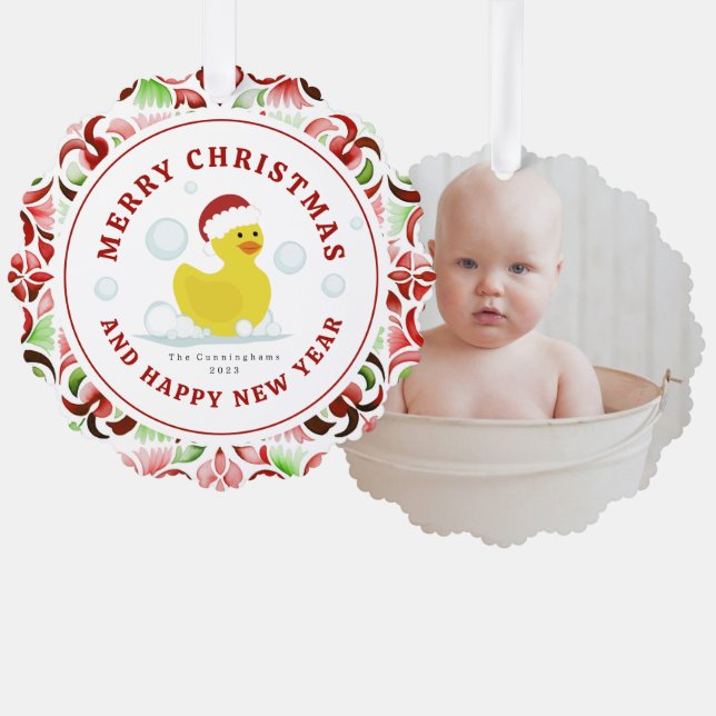 Rubber Duck Santa Christmas Watercolor Photo Ornament Card (Front/Back)