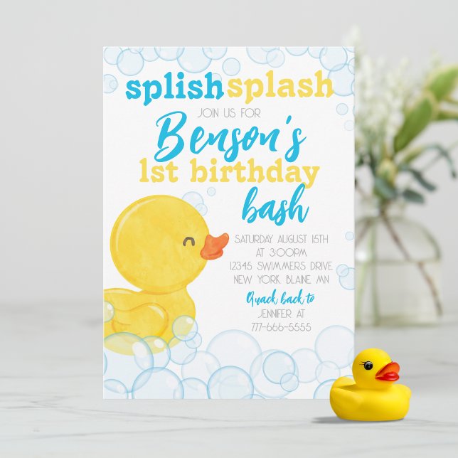 Rubber Duck Splish Splash Birthday Invitation (Splish Splash Watercolor Rubber Duck 1st Birthday Party Invitations)