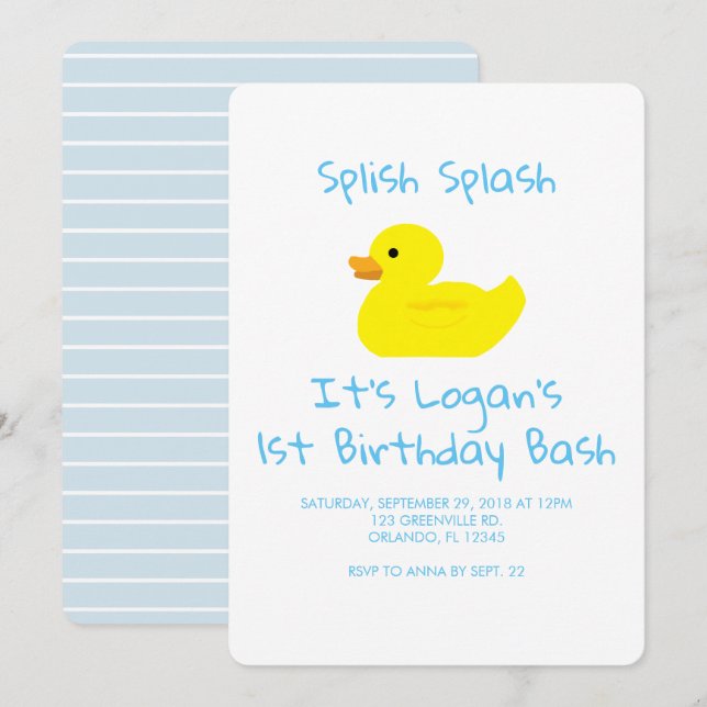Rubber Duck Stripe First Birthday Party Invitation (Devant / Derrière)