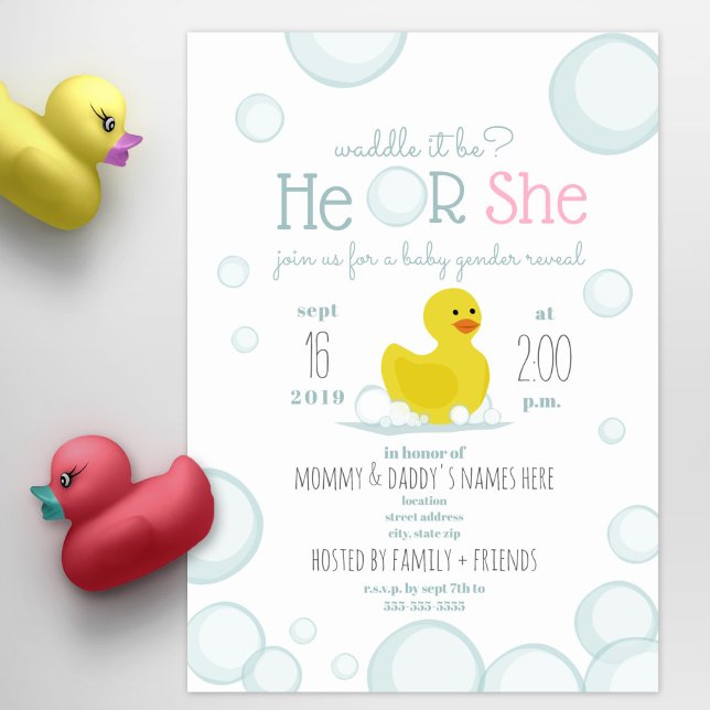 Rubber Duck Waddle It Be Baby Gender Reveal Invitation (Creator Uploaded)