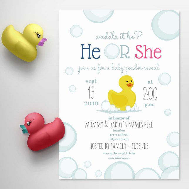 Rubber Duck Waddle It Be Baby Gender Reveal Invitation (Creator Uploaded)