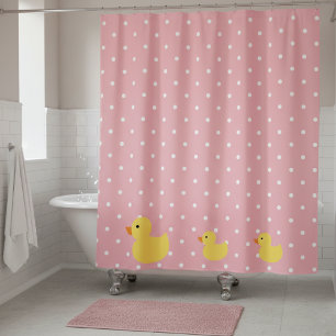 Rubber Ducks Swimming on Pink Polka Dots