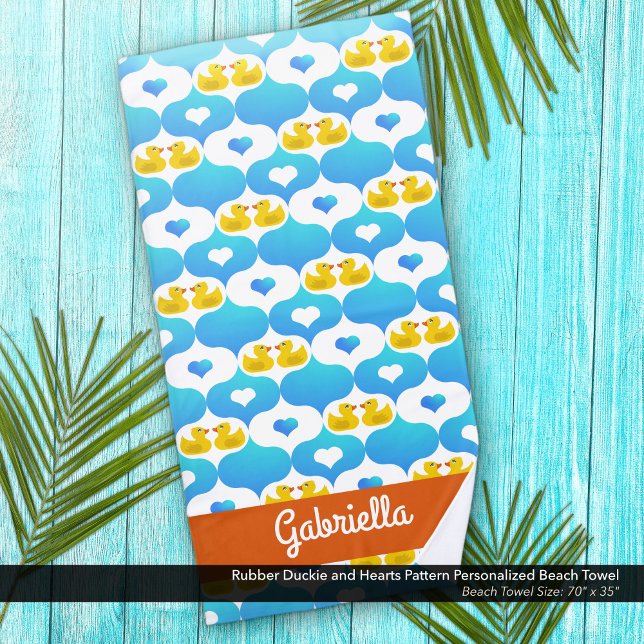 Rubber Ducky and Hearts Pattern Personalized Beach Towel (Rubber Duckie and Hearts Pattern Beach Towel–Personalized with Your Name)