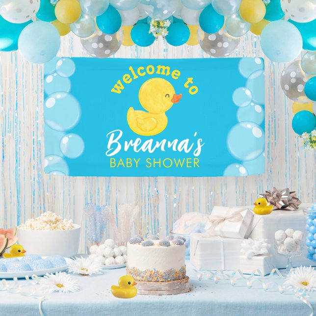 Rubber Ducky Baby Shower Welcome Hanging Vinyl Banner (Welcome to Names Baby Shower Watercolor Rubber Ducky Hanging Vinyl Baby Shower Party Banner in Blue)