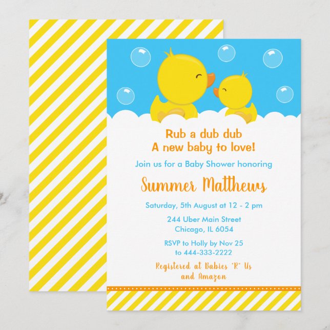 Rubber Ducky Baby Shower Yellow and Blue Invitation (Front/Back)