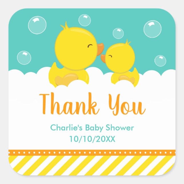Rubber Ducky Baby Shower Yellow Green Thank You Square Sticker (Front)