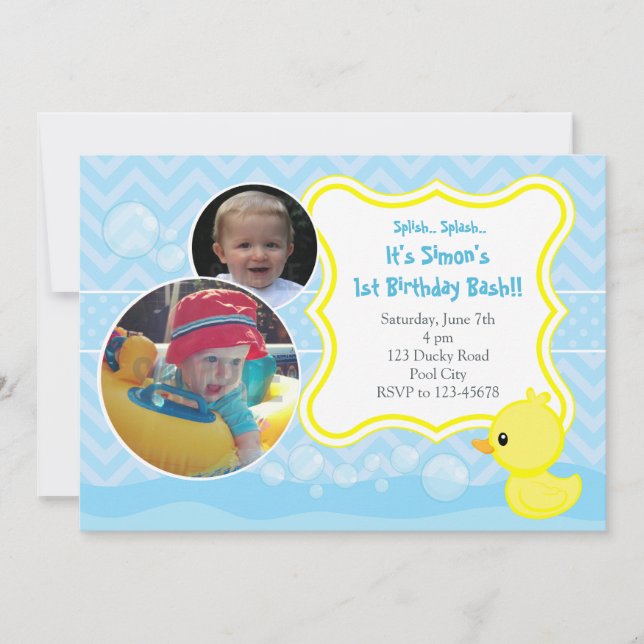Rubber Ducky Birthday Invitation with Two Photos (Front)