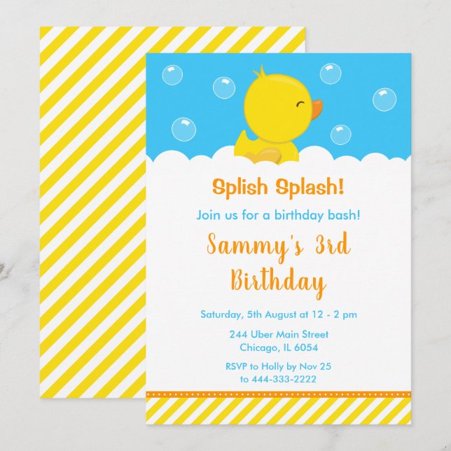 Rubber Ducky Birthday Party Yellow and Blue Invitation (Front/Back)