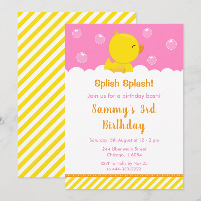 Rubber Ducky Birthday Party Yellow and Pink Invitation (Front/Back)