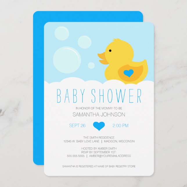 Rubber Ducky Blue Boy Baby Shower Invitation (Front/Back)