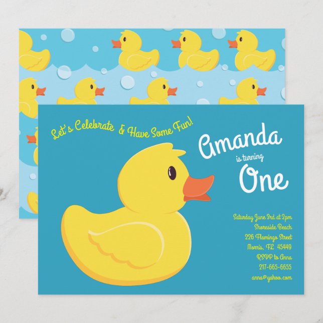 Rubber Ducky Cute Kid 1st Birthday Party Ducks Invitation (Front/Back)