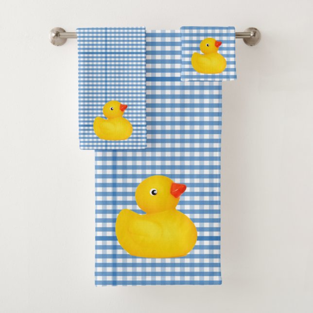 Rubber Ducky Duck Blue Gingham Bathroom Towel Set (Insitu)