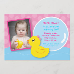 Rubber Ducky Duck Girl Photo Birthday Invitations