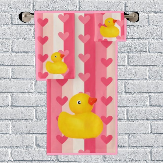 Rubber Ducky Duck Pink Hearts Bathroom Towel Set (Creator Uploaded)