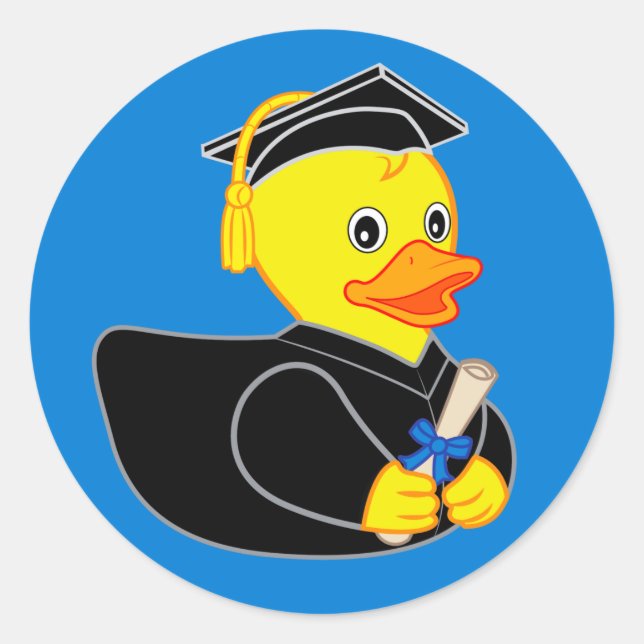 Rubber Ducky Graduation! Blue Background Classic Round Sticker (Front)
