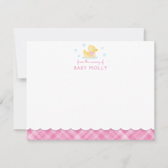Rubber Ducky Preppy Pink Plaid Baby Note Card (Front)
