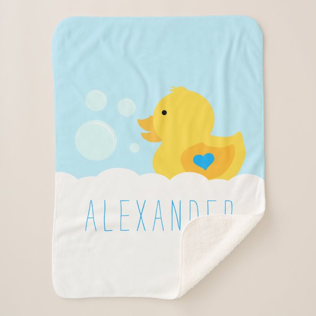 Rubber Ducky With Blue Heart Sherpa Blanket (Front)